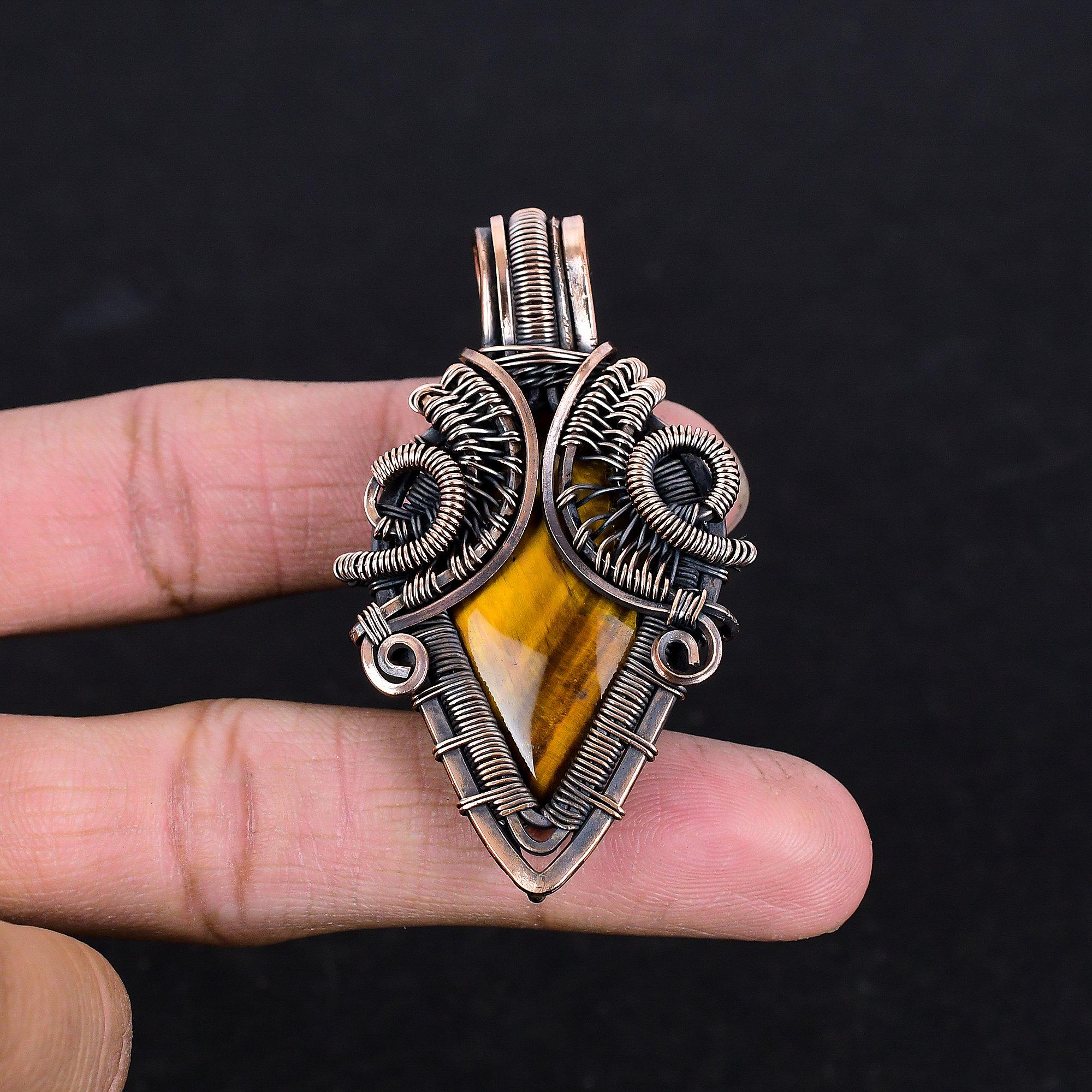 

Tiger s Eye , 999 Copper Wire Wrapped Pendant, Handmade Gemstone Pendant , Gift For Mom Antique Jewelry 2.55 Inches жёлтый