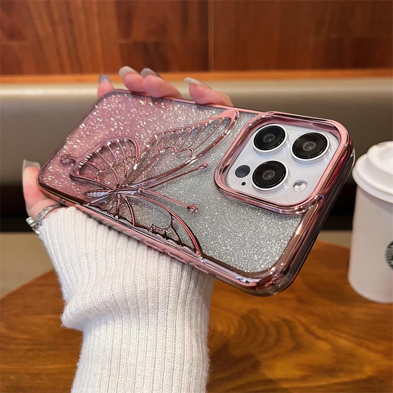 

Чехол для телефона Apple 16 с градиентом водяной ряби, блестками, гальваническим покрытием и бабочкой 14, Подходит для iPhone 15 Pro Max, Мягкий чехол 13 iPhone 11