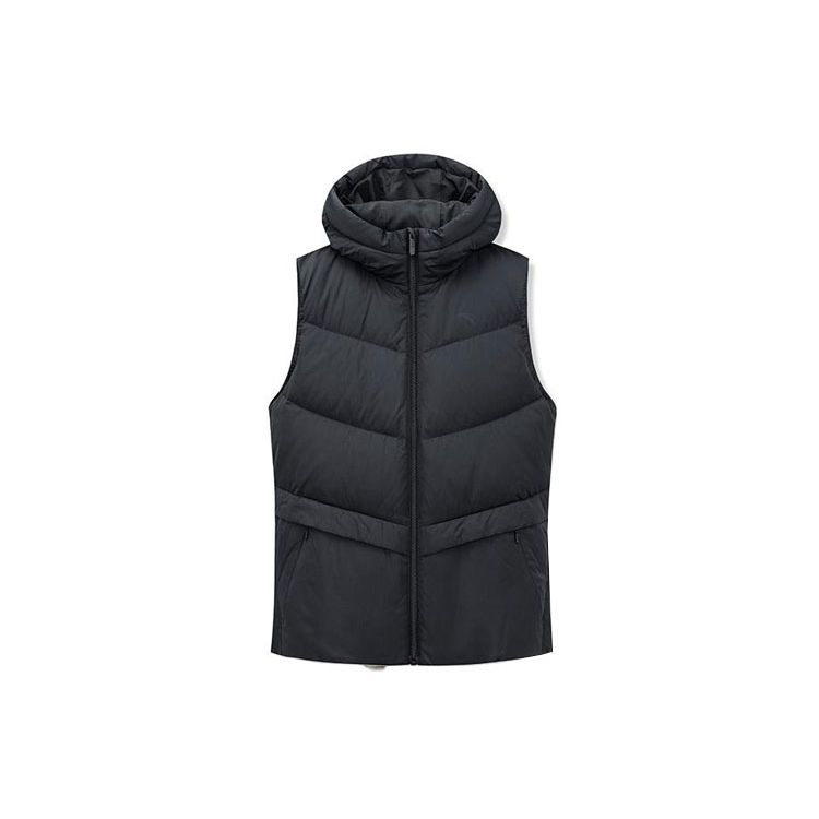 Anta Solid Color Logo Print Fleece Pattern Zipper Hooded Vest Women vest Black 962247902-3 XL