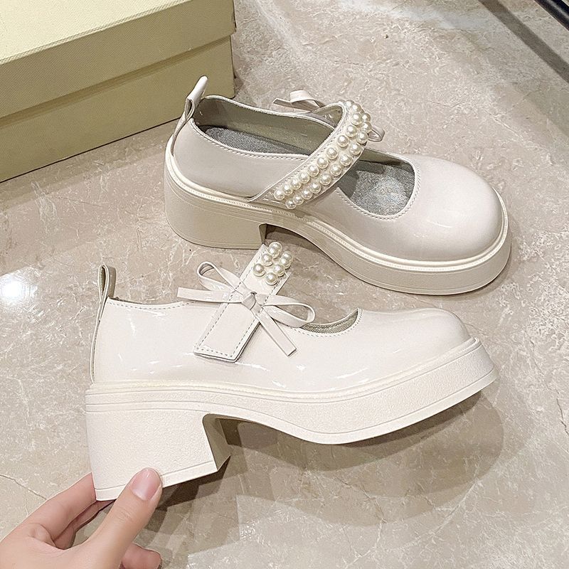 Romantic 2025 Women's French Fairy Style Pearl Decorated Mary Jane Shoes Thick Sole Leather Platform for Dresses