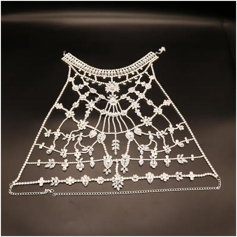 Women Sexy Neck Choker Chest Chain Luxury Rhinestone Flower Body Chain for Nightclub Fashion серебряный