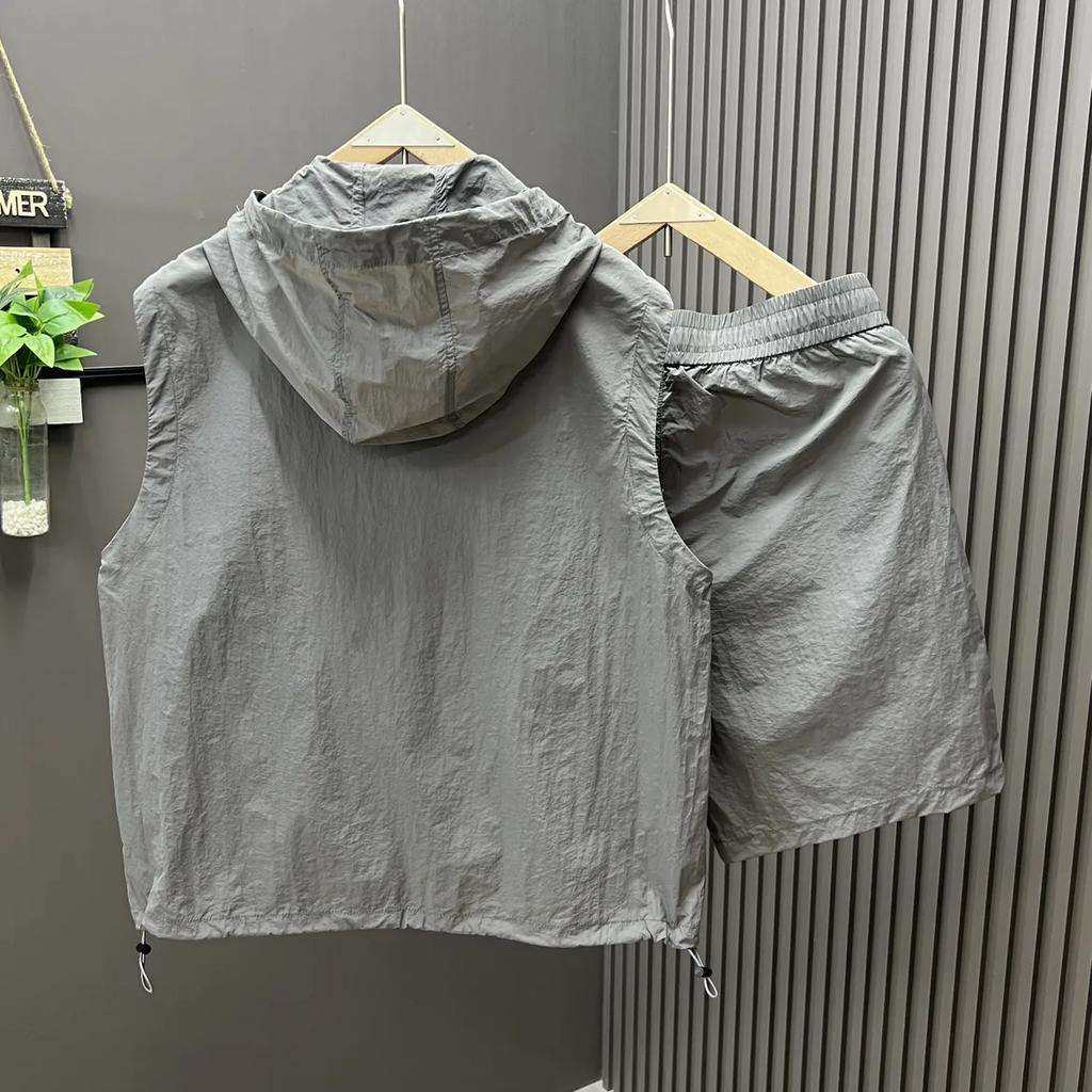 Men's Summer Loose Casual Plus Size Suit, Youth Hooded Cover, Quick Drying Top and Shorts Two-piece Set