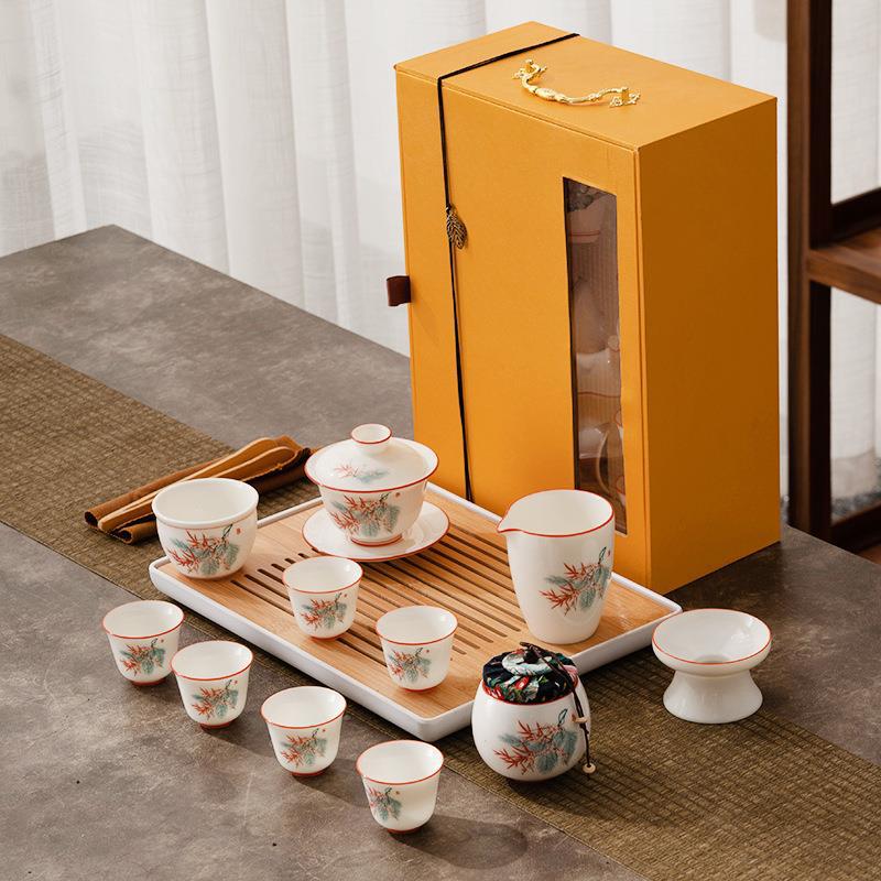 Dehua White Porcelain Sheep Fat Jade Kung Fu Tea Set Gaiwan Tea Cup Tea Tray Set Company Event Gift Souvenir