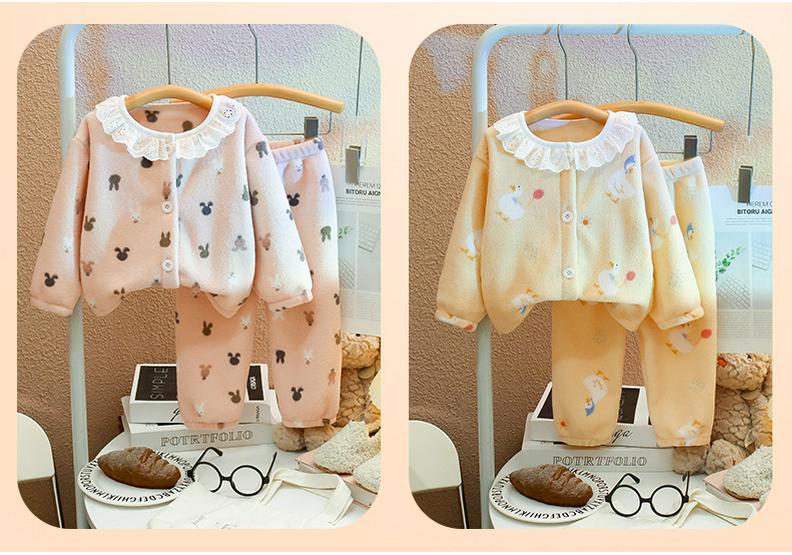 Girls' Velvet Lace Collar Flannel Pajama Set - Autumn/Winter Warmth