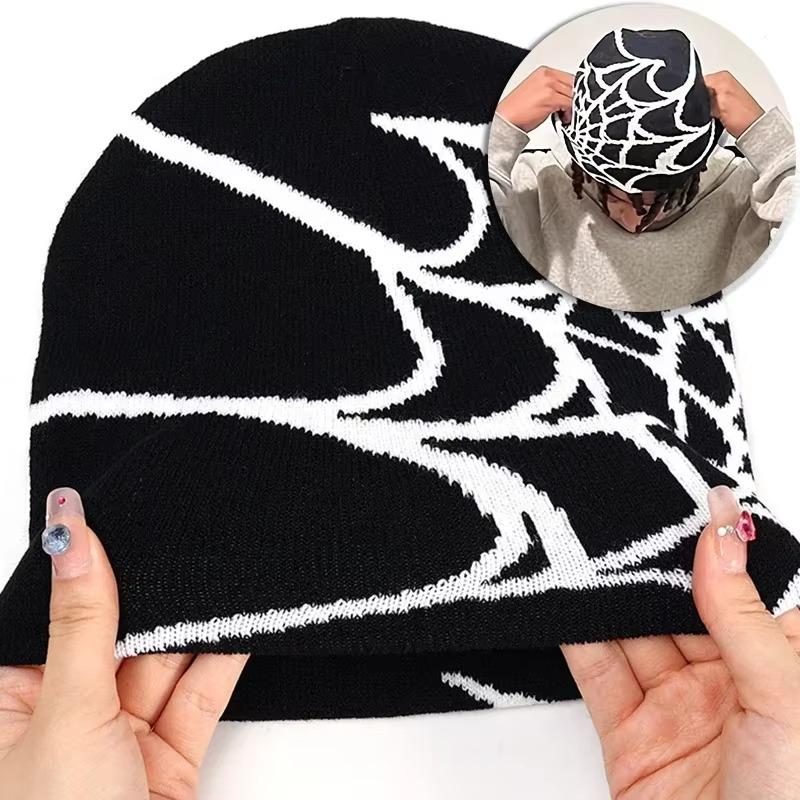 Retro Gothic Spider Web Jacquard Beanie for Women Men Caps Unisex Knitted Warmer Hip Hop Unisex Elastic Knit Hat Skull Cap