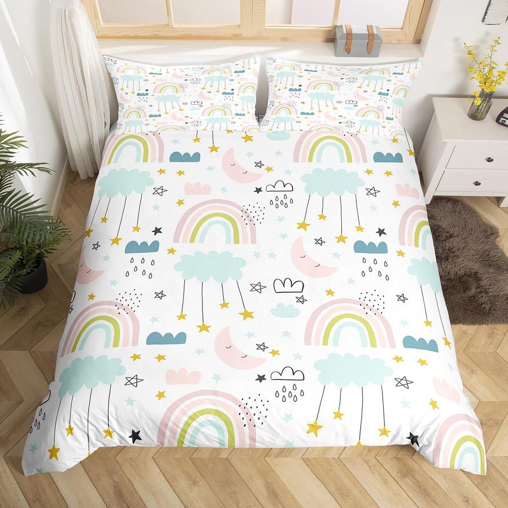Kids Cartoon Rainbow Duvet Cover Twin Queen Cute Butterfly Flower Leaves Bedding Set for Girl Boys Dream Catcher Comforter Cover