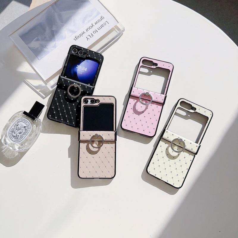 Luxury Leather 3pcs Folding Case For Samsung Galaxy Z Flip6 Flip5 Flip4 Flip3 Diamond Shockproof PC Ring Holder 3pcs Folding Cover