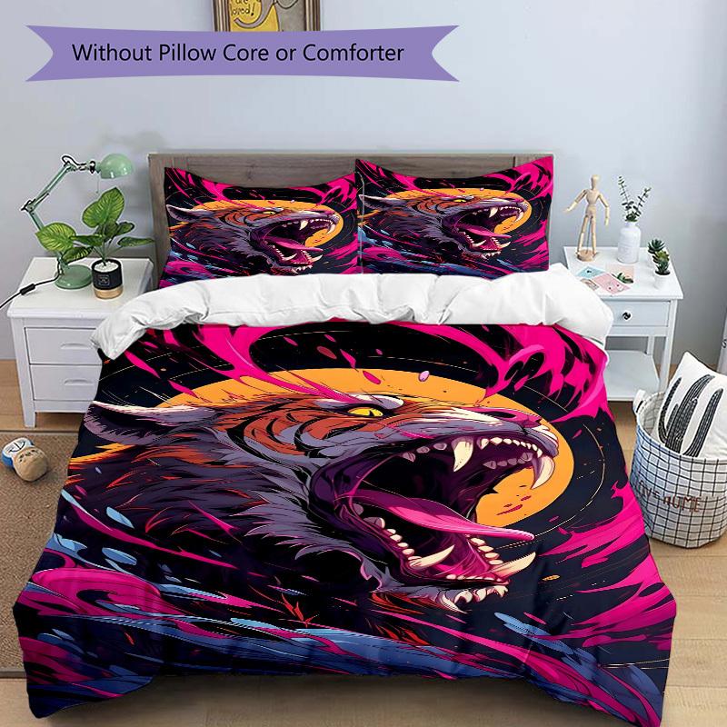3PCs Tiger Roar Design Cover Set, Breathable Fabric, Machine Washable (1 Duvet Cover + 2 Pillowcases) (Without Quilt) yy250911102