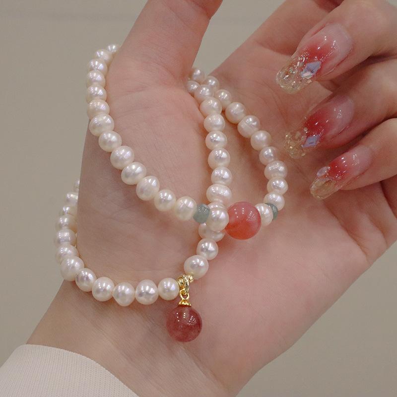 Elegant  Pearl Bracelet for Women, Fashion Round Bead Design Pendant Peal Bangle, Strawberry Crystal Bracelet