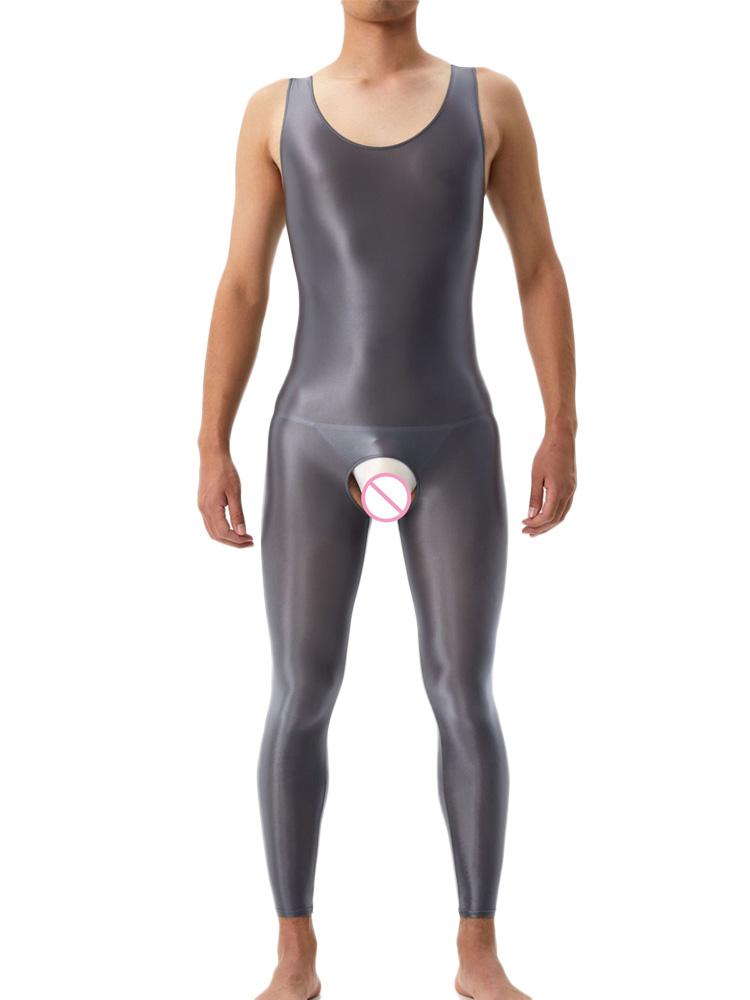 Sexy Crotchless Satin Oil Glossy Shiny Bodysuit Sheer See Through Yoga Tights Elastic Shaping Leotard Jumpsuit Candy Color