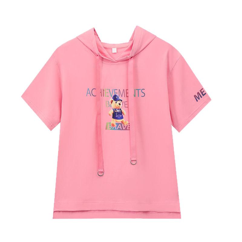 Women's Summer Lightweight Loose Hooded Short Sleeve T Shirt with Cartoon Print