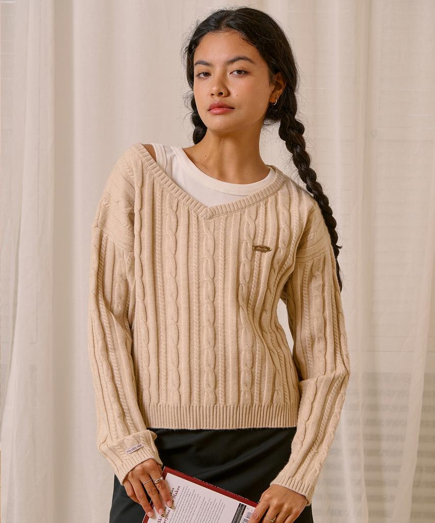 Biteoseljeu C.G V-Neck Cable Sweater - Beige