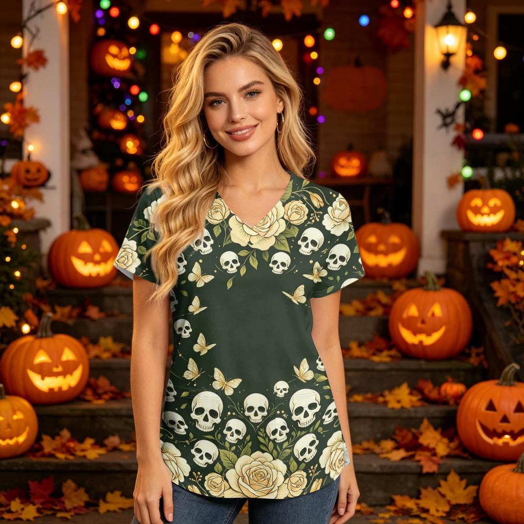 Damska koszula robocza z dekoltem w serek, krótkim rękawem i kieszeniami, z nadrukiem na Halloween, top do uniformu opiekuna