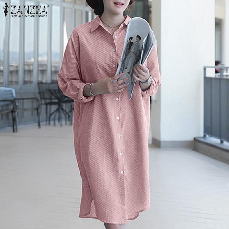 

ZANZEA Женское повседневное свободное платье-рубашка в полоску с отложным воротником и длинными рукавами