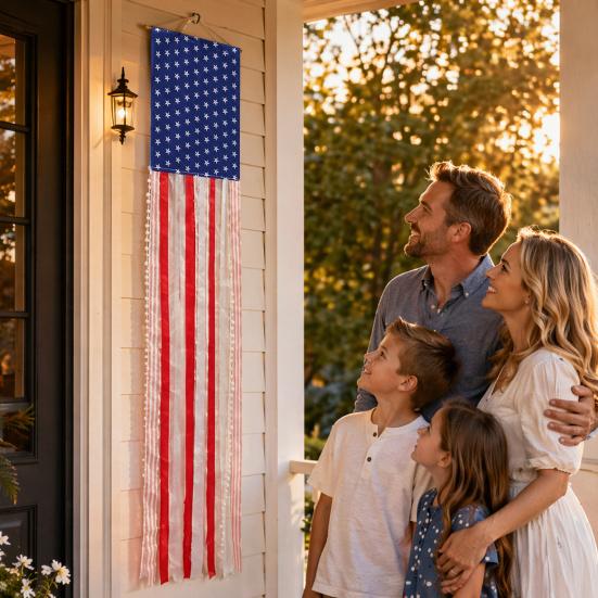 Patriotic Decorations Wreath & Flag Banner, 3D Star Hanging Ornaments for Front Door, Weatherproof Porch Hanging, Outdoor Wall Sign for Independence