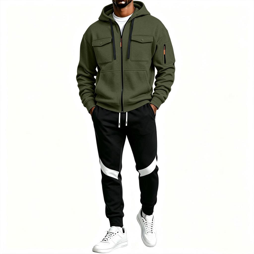 Men's Casual Tracksuit Set with Multi-Pocket Full Zip Hoodie and Black Sweatpants