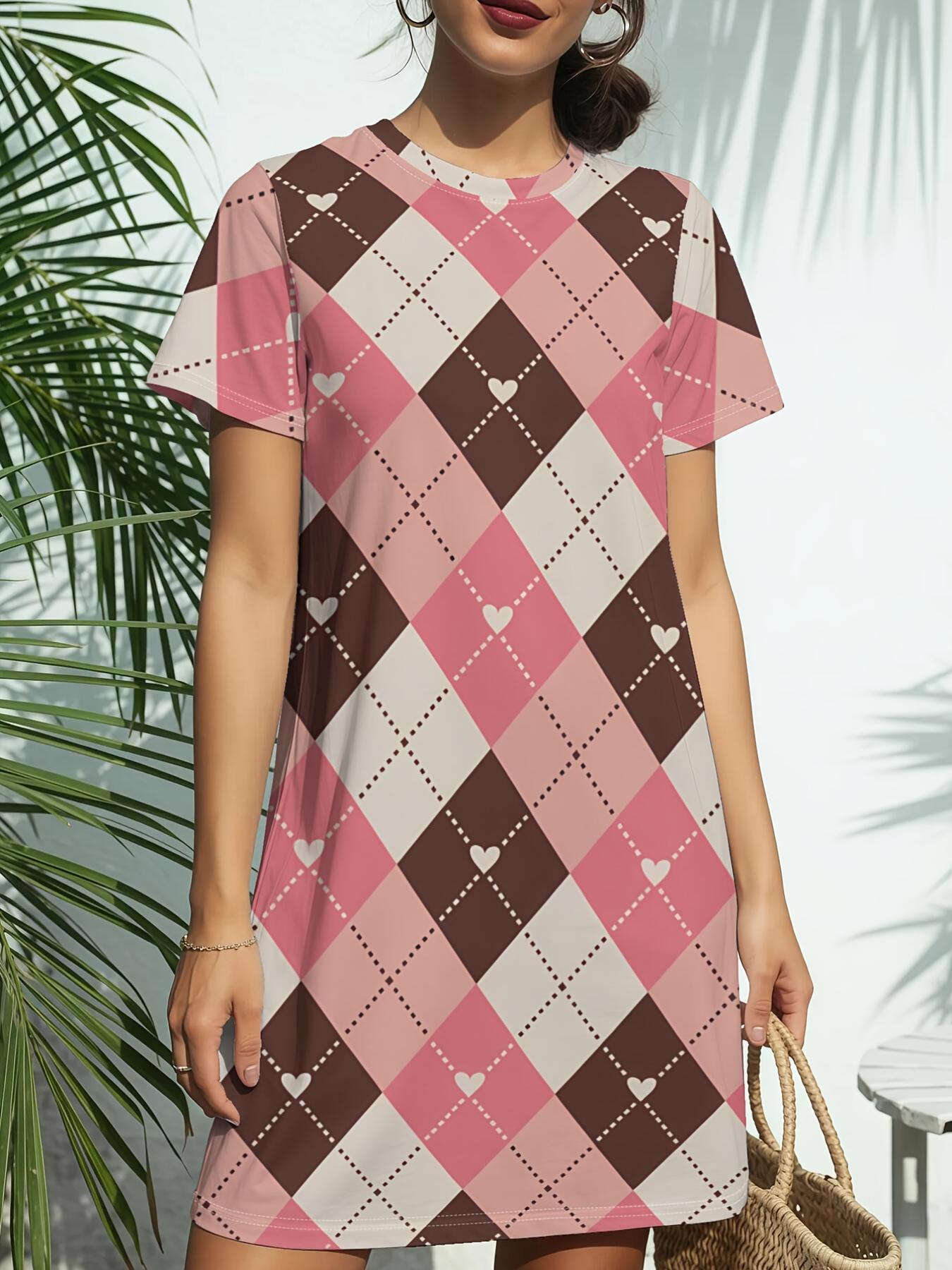 

The Blush Argyle Charm Women S New Round-Neck Short-Sleeve T-Shirt Dress Features American Fashion Trends with Digital Prints. Perfect for Casual Wear XS дубильная кора
