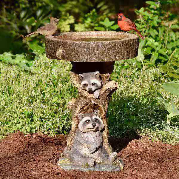 Garden Decor: Little Raccoon Resin Figurine with Bird Ornament