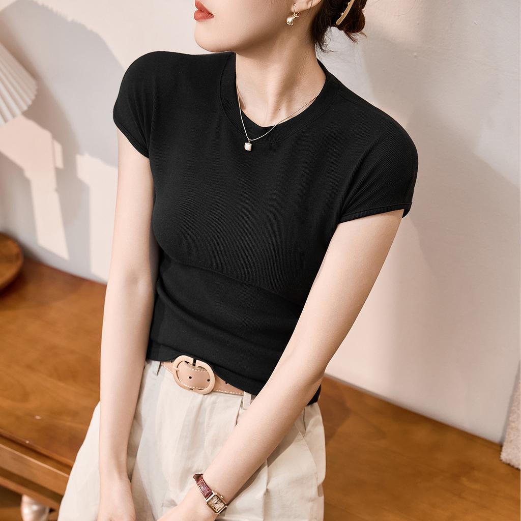 French Style Short-sleeved Women's Summer T-shirt Slim Round Neck Top