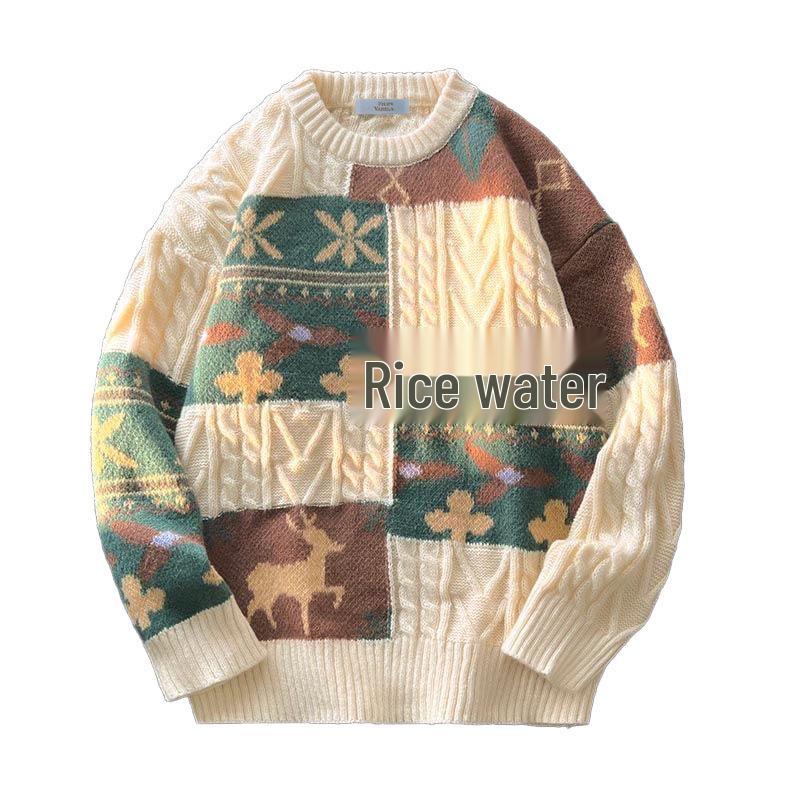 Men's Winter Guochao Jacquard Sweater – Thick, Trendy, Retro, Warm, Loose-Fit Christmas Outerwear.