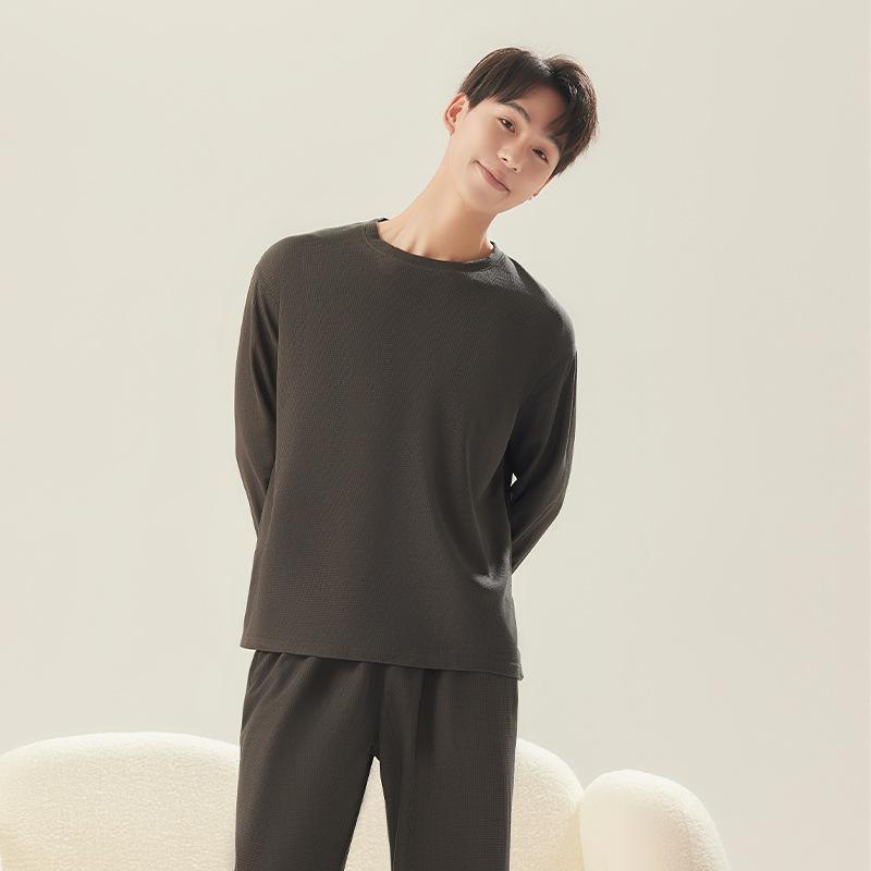 

2PCS/Set Men s Waffle Pajamas Spring Autumn Long-Sleeved Soft Casual Homewear Man Comfortable Loungewear 2XL