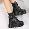 Fashion Thick Sole Short Boots Belt Buckle Rock Punk Dark Fashion Boots Black Short Barrel  Boots