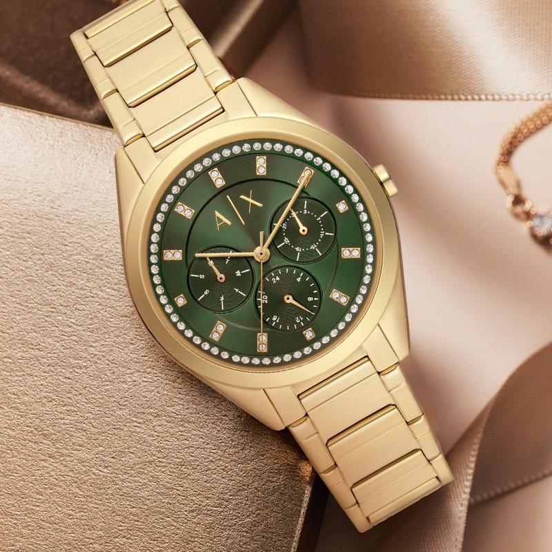 Armani Exchange AE Armbanduhr Quarzwerk Edelstahlarmband Grünes Zifferblatt Damenuhr AX5661