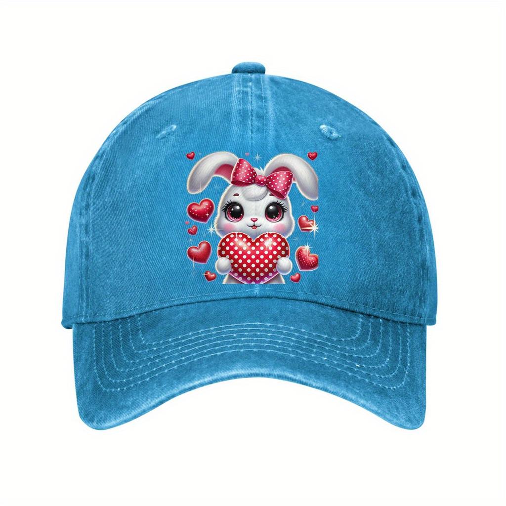 Cute Valentine Bunny Heart Baseball Cap Adjustable Vintage Washed Polyester Casual Cap for Unisex