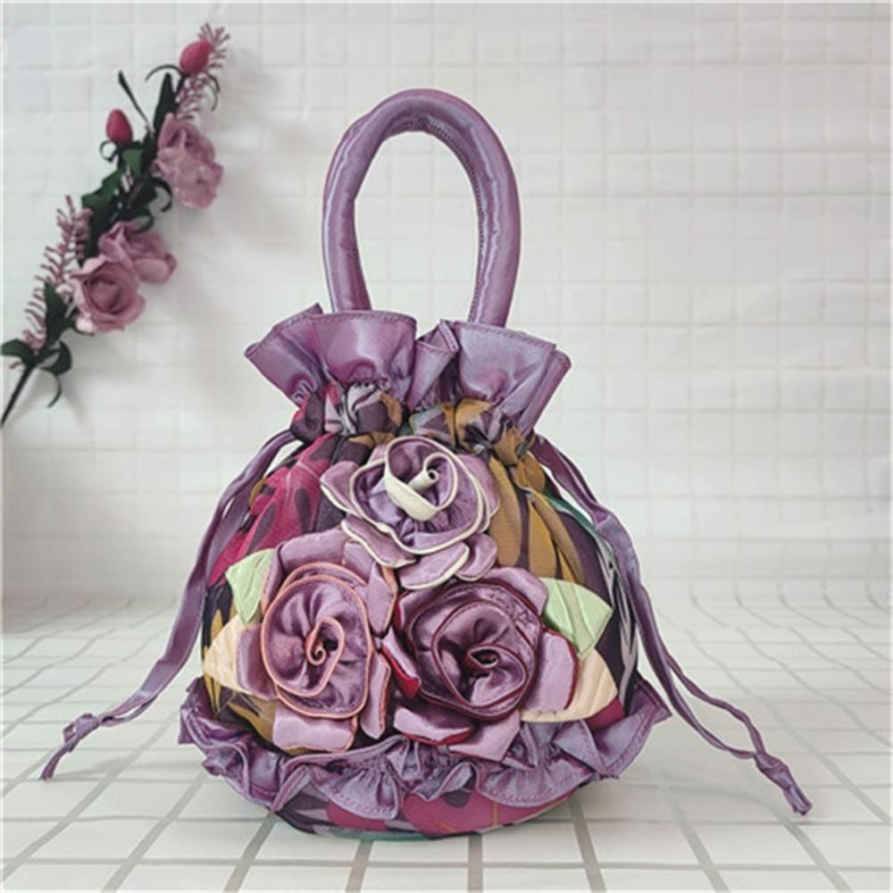 High Quality Top Handle Lace Flower Bag Lace Embroidery Bucket Drawstring Cloth Bag Dacron Women's Handbag
