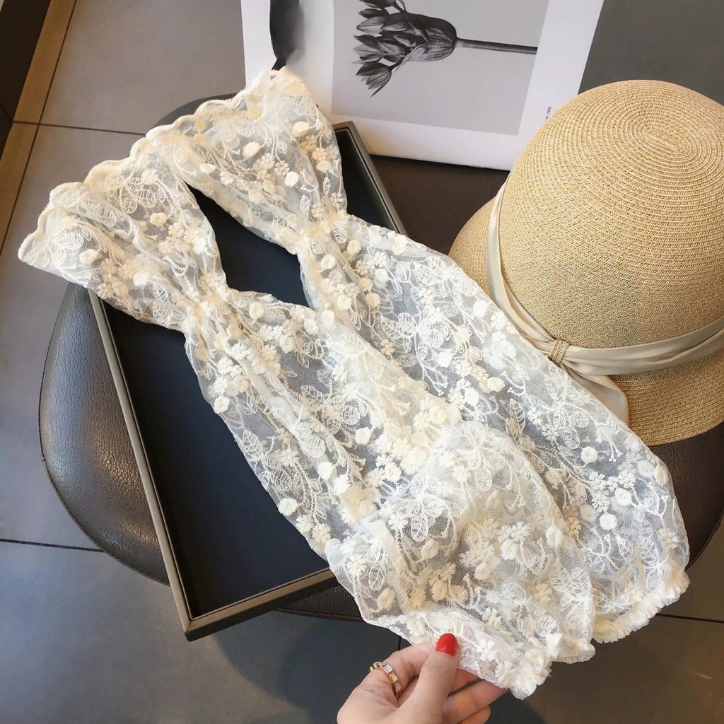Lace Trimmed Puff Sleeve Arm Covers Sheer Floral Embroidery Sun Protection Sleeves Elegant Loose-Fitting Arm Socks for Women