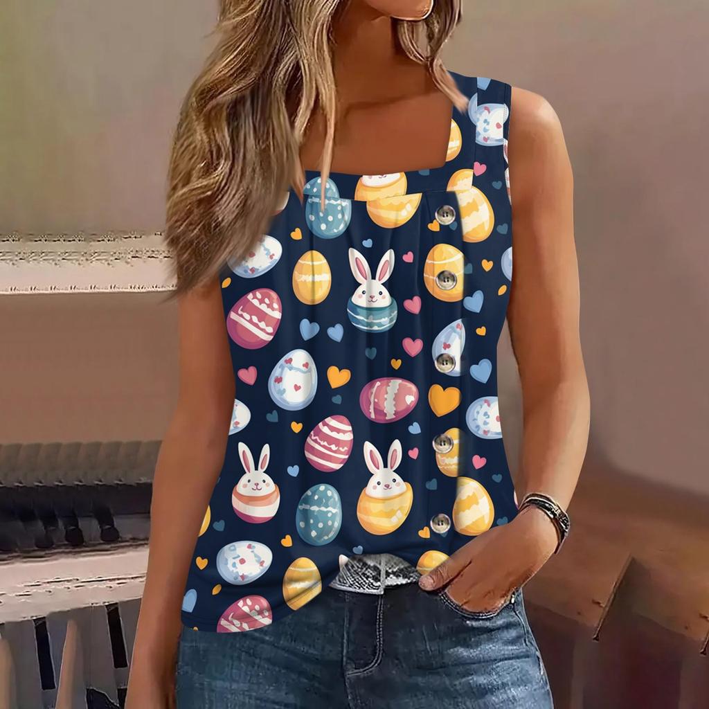 Moda damska Casual Podstawowy Plisowany Zwykły guzik Kwadratowy kołnierzyk Kamizelka bez rękawów Letnie podkoszulki z nadrukiem