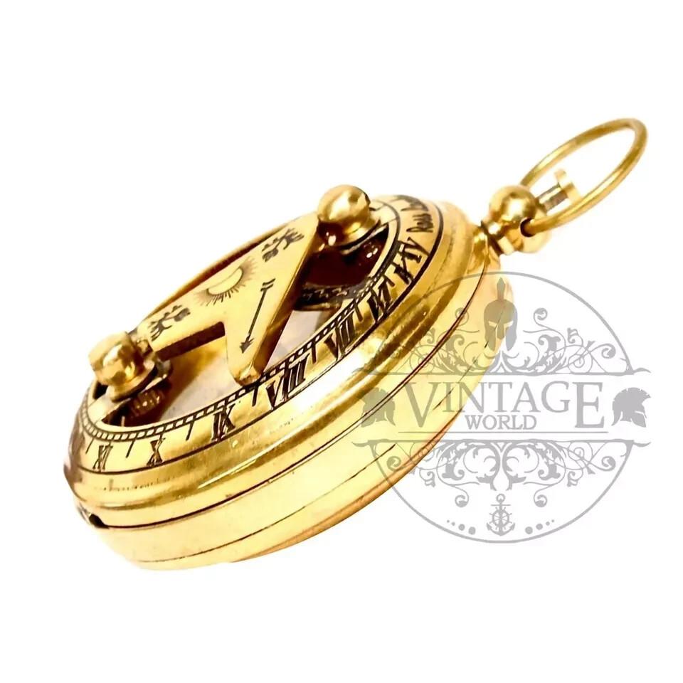 Polished Brass 45mm Pocket Sundial Compass in Wooden Box