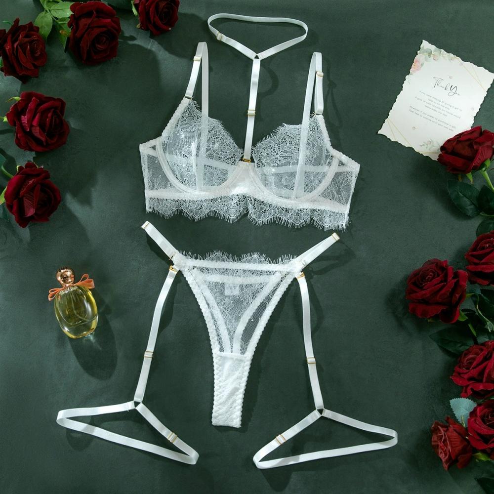 New Arrival Porn Four Piece Lingerie Set Sexy See-through Lacy Eyelash Halter Bra Thongs Detachable Leg Loop Erotic Lingerie