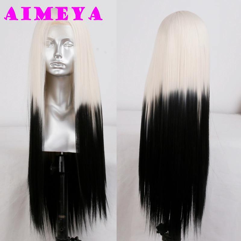 AIMEYA Ombre Pink Synthetic Lace Front Wigs for Women 13x4 Platinum Blonde Roots Pink Wig Long Silky Straight Colorful Wigs