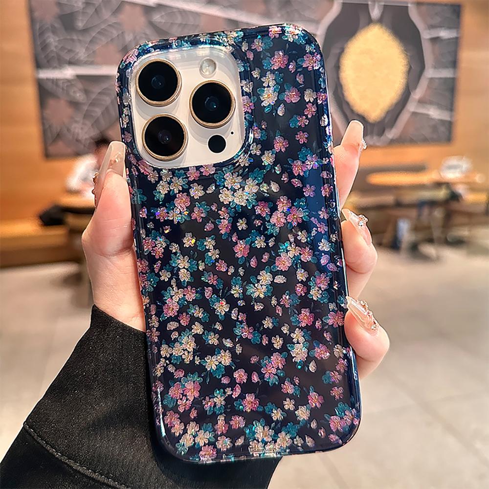 

Glitter Charming Vintage Dark Green Background Colorful Blooms Floral Phone Case for IPhone 16 15 14 13 17 Pro Max Bling Cover iPhone 16 Pro