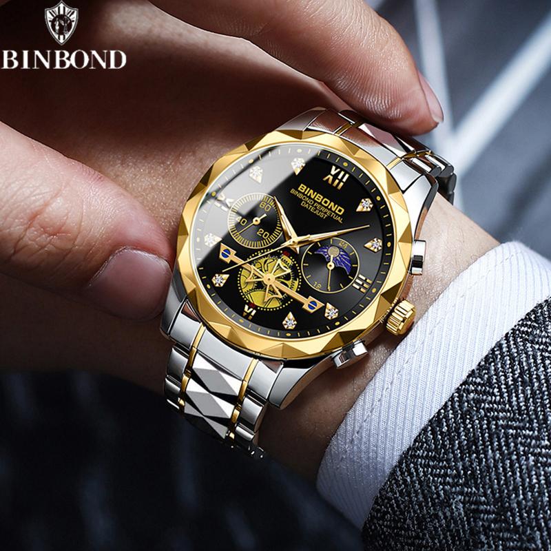 BINBOND Top Business Men's Watches Classic Diamond Scale Dial Luxury Quartz Wrist Watch 30M Waterproof Luminous Men Watch