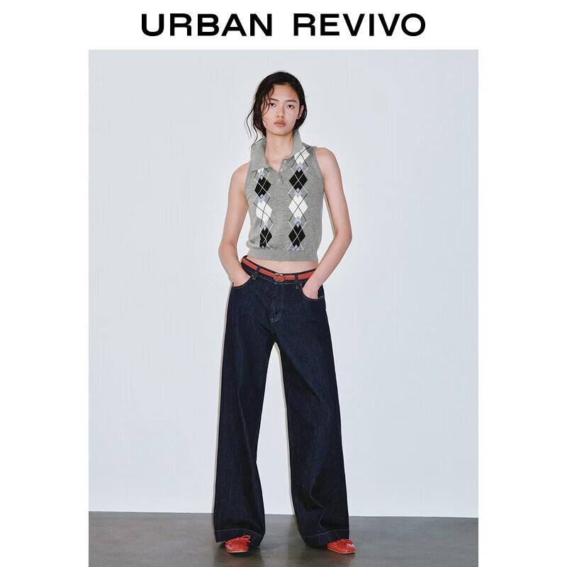 UR2026 Women s Colorblock Argyle Lapel Sleeveless Knit Top S