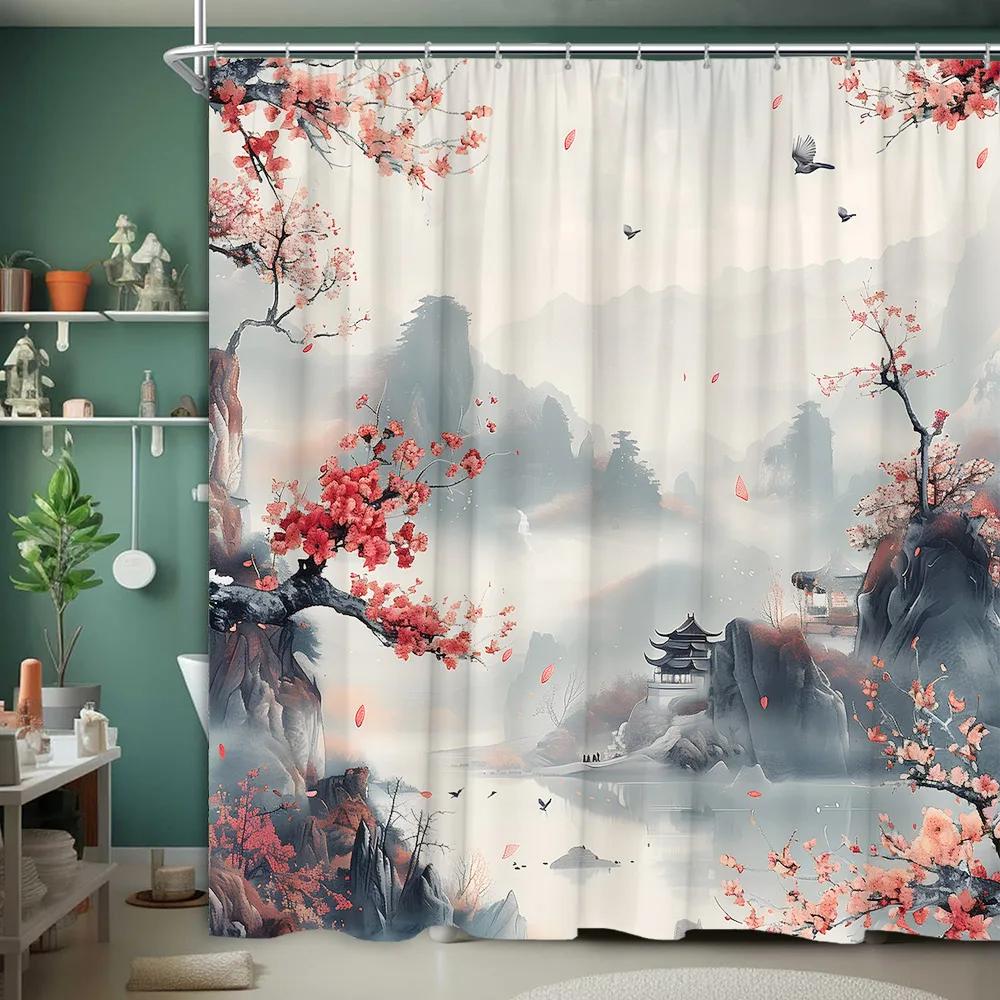 Asian Scenery Shower Curtain Koi Cherry Blossom Vintage Bird Lotus Mountain Ink Painting Polyester Fabric Bathroom Decor Curtain