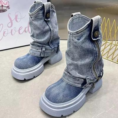 Fashion Denim Ankle Boots For Women Round Toe Thick Bottom Side Zipper Belt Buckle Female Shoes Solid Color Low Heel Designer New Brand
