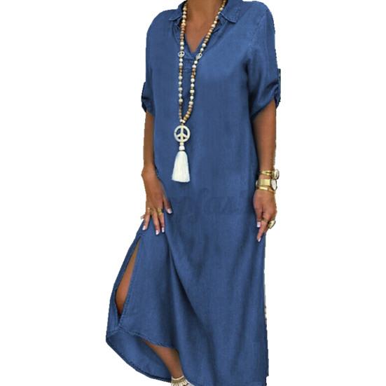 Women Half Sleeve Side Slitting Hem V-neck Loose Long Denim Dress Streetwear for Daily Life