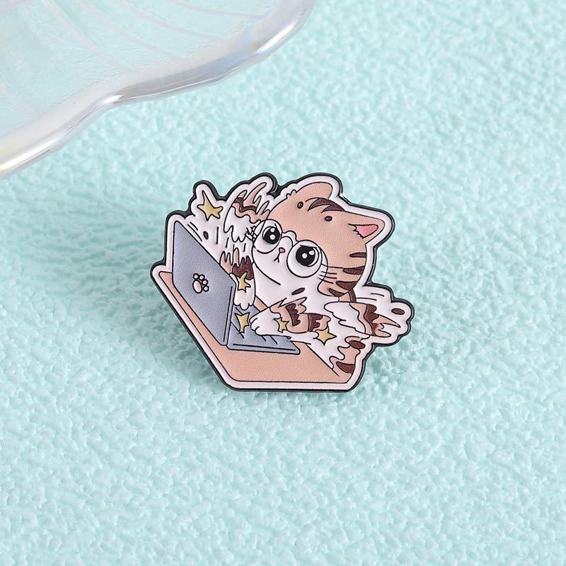 Funny Work Hard Cat Enamel Pin Crazy Typing Kitten Cute Animal Brooch Lapel Badge Fashion Jewelry Accessories Gift for Friends