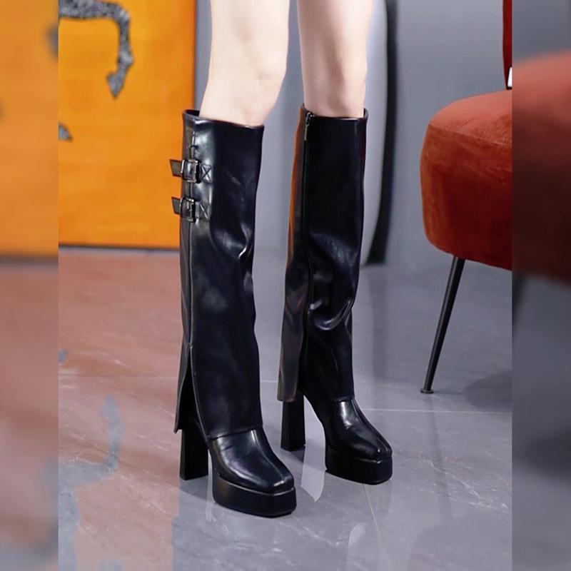 

Осень и Зима Универсальные Водонепроницаемые Ботильоны на Платформе и Высоком Каблуке до Колена 2025 Пряжка на Ремне Толстый Каблук Высокий Голенище Коричневые Рыцарские Сапоги 40 чёрный