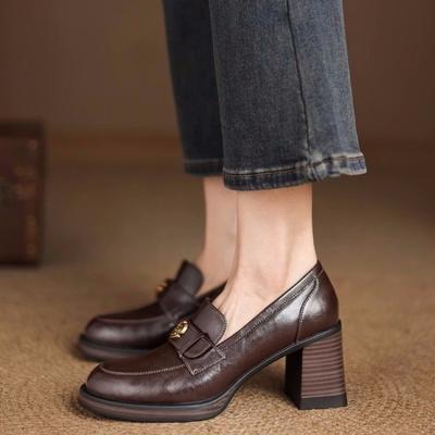 Camellia Loafers Women's 2025 New Block Heel High-heeled Single Shoes Heightened British Style Small Leather Shoes