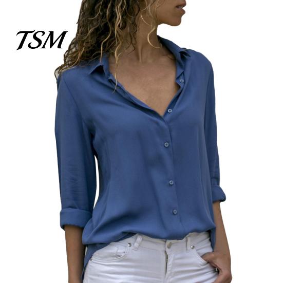 Office Lady Autumn Deep V Neck Turn Down Collar Chiffon Loose Buttons Shirt XXL синий