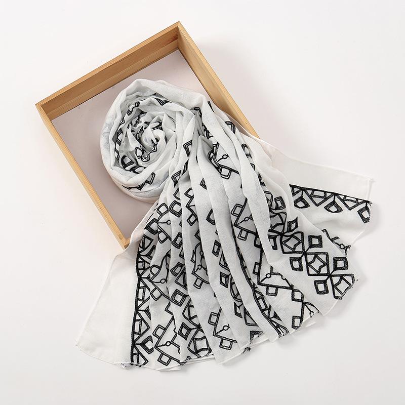 Plain Embroider Geometric Plaid Scarf Women Fashion Long Viscose Scarves Lady Stitch Shawls and Wraps Muslim Hijab Foulards
