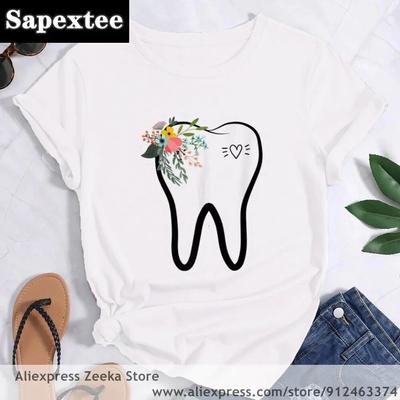 Gráfico Estético de Diente y Dentista Mujer Estampado Divertido Camiseta de Señora Chica Y2K Harajuku Básico Camisa Blanca Cuello O Corta