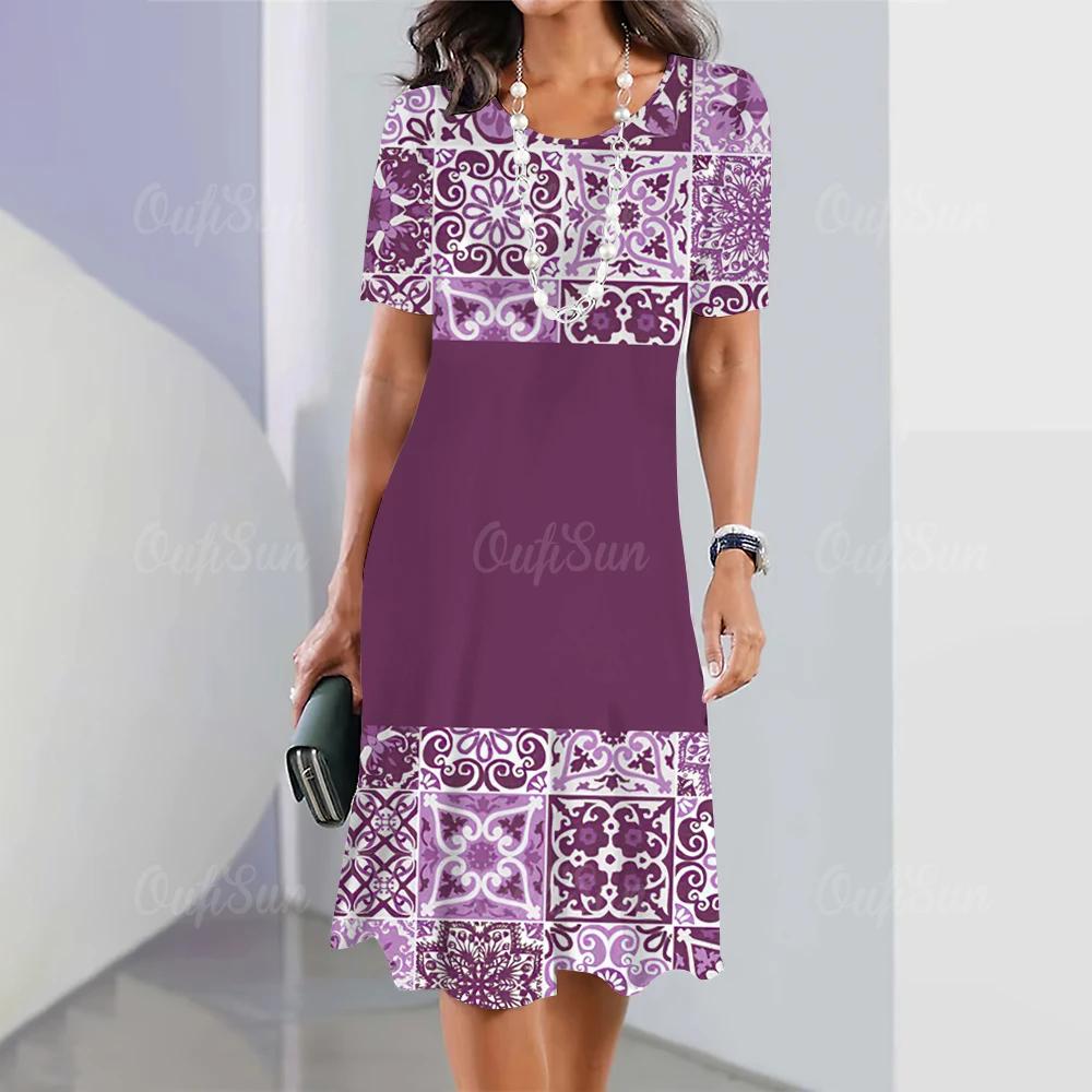 Women's Retro 3D Short-sleeved Pullover Summer Round Neck Dress Simple and Elegant Loose Skirt
