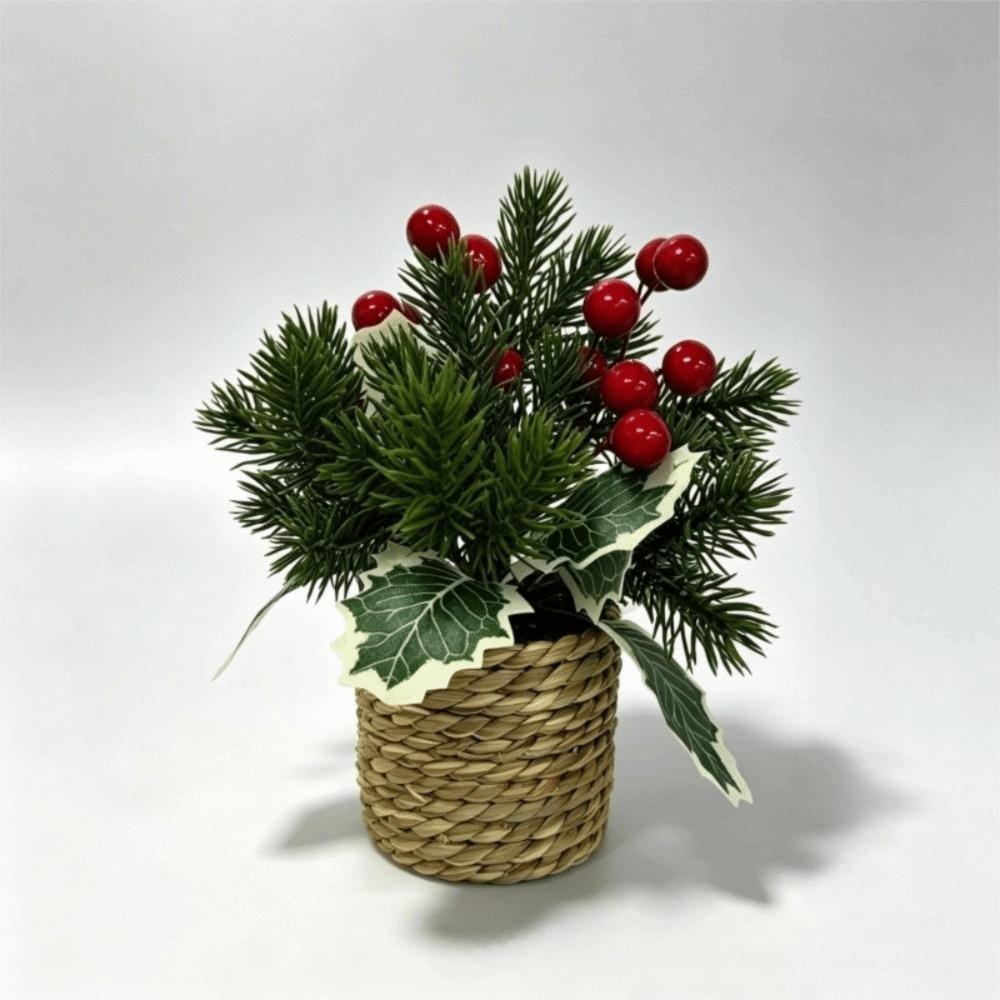 Red Berry Faux Holly Pine Cone Ornament Woven Basket Christmas Mini Potted Plant Home Decor