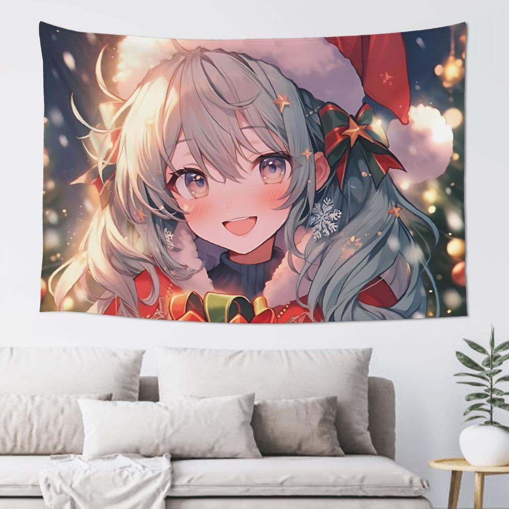 Anime Girl Holding Christmas Gift Print Tapestry Room decoration Home Decoration Tapestry Decor Accessories Cute Room Decor