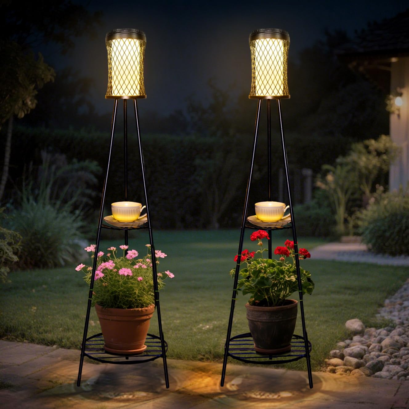 

Two Pairs of Outdoor Plant Stent Lamps Waterproof Metal Solar Lights for and and Pathways - Gardens, Patios, Decks, Yards, Porches, Backyards, чорний